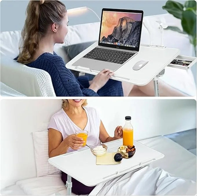 طاولة سرير متعددة الوظائف للابتوب والدراسة – مروحة USB، مصباح LED ودرج تخزين.